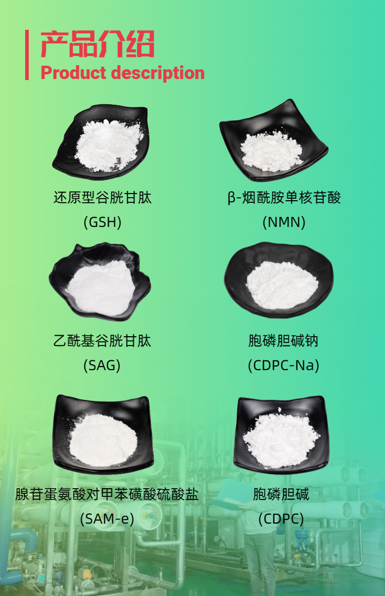 古特生物產(chǎn)品系列：還原型谷胱甘肽GSH、乙?；入赘孰腟AG、煙酰胺單核苷酸NMN、胞磷膽堿鈉CDPC-Na、腺苷蛋氨酸對(duì)甲苯磺酸硫酸鹽SAMe